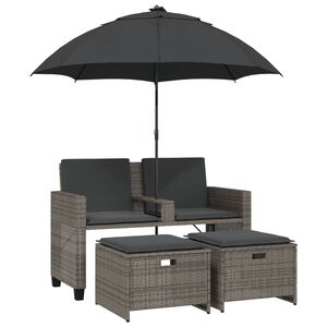 vidaXL 2-os. sofa ogrodowa z parasolem i stołkami, szara, polirattan