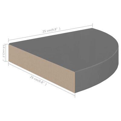 vidaXL Narożna półka ścienna, wysoki połysk, szara, 25x25x3,8 cm, MDF