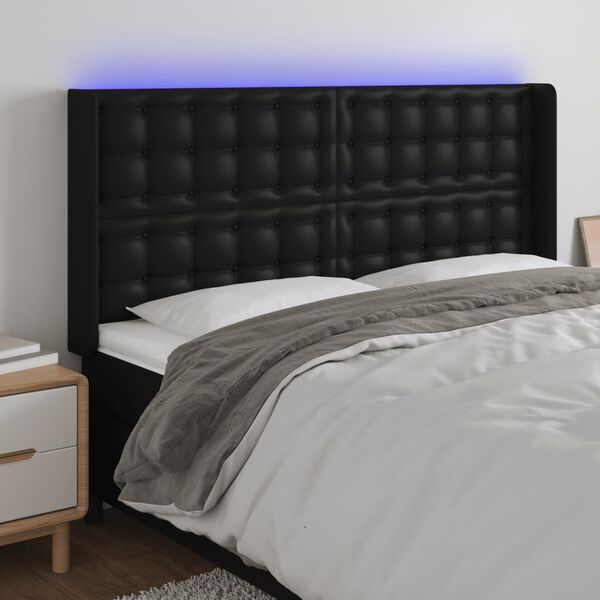vidaXL Zagł&oacute;wek do ł&oacute;żka z LED, czarny 163x16x118/128cm sztuczna sk&oacute;ra