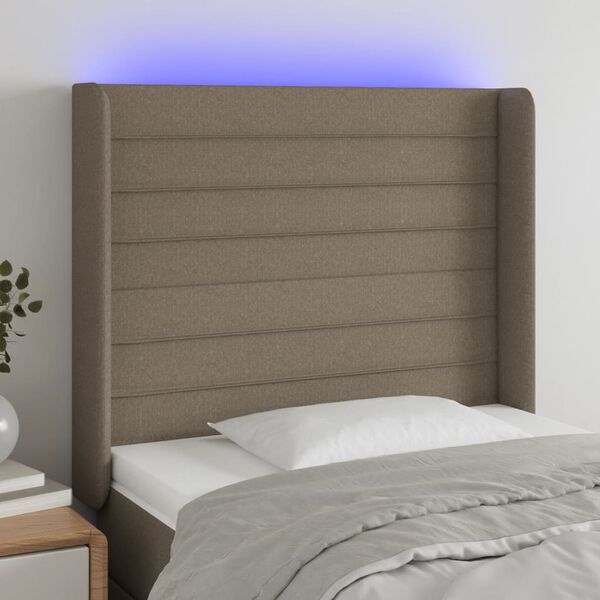 vidaXL Zagł&oacute;wek do ł&oacute;żka z LED, taupe, 103x16x118/128 cm, tkanina