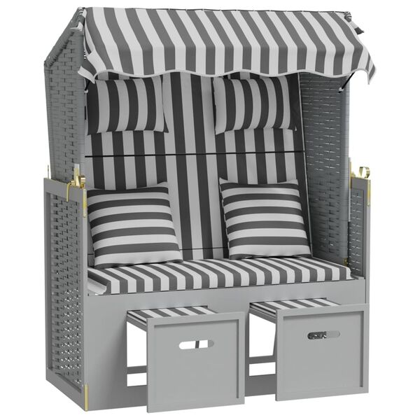 vidaXL Kosz plażowy z poduszkami, rattan PE i drewno, szaro-biały