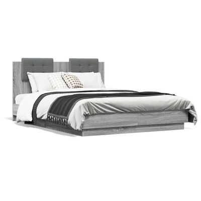 vidaXL Rama łóżka z wezgłowiem i LED, szary dąb sonoma, 135x190 cm