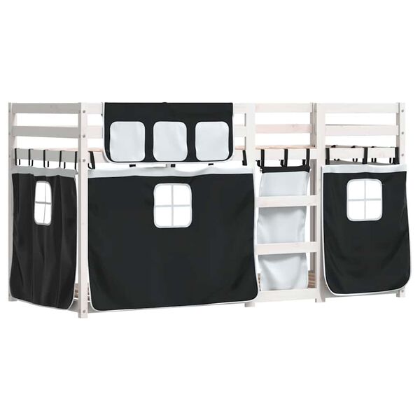 vidaXL Łóżko piętrowe z zasłonkami, biało-czarne, 90x200 cm, sosnowe