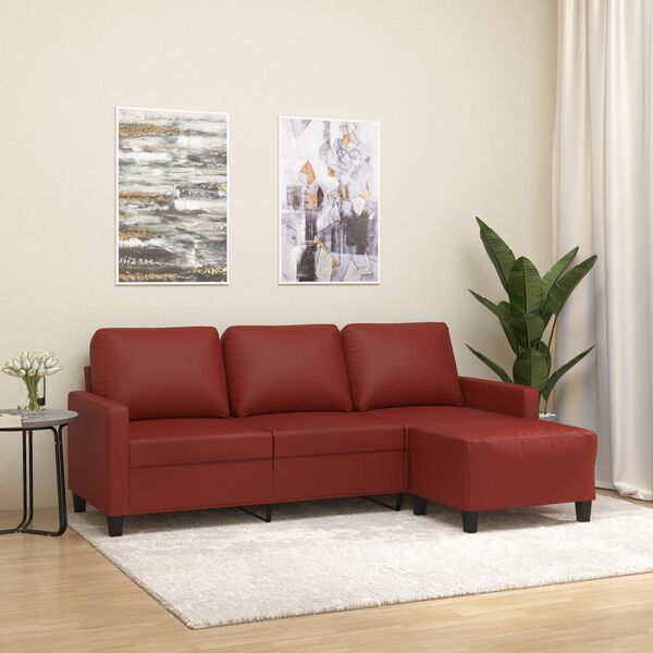 vidaXL 3-osobowa sofa z podn&oacute;żkiem, winna czerwień, 180 cm, ekosk&oacute;ra
