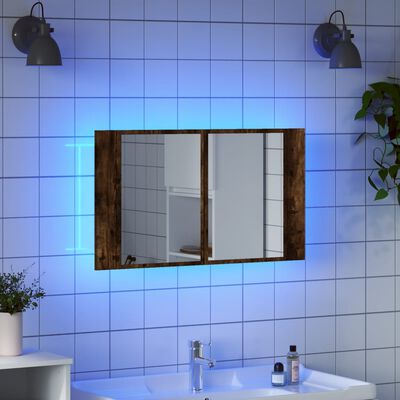 vidaXL Szafka łazienkowa z lustrem i LED, opalany dąb, 80x12x45, akryl