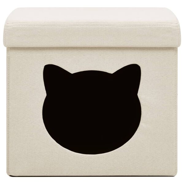 vidaXL Składany stołek ze schowkiem i kotem, kremowy, tkanina