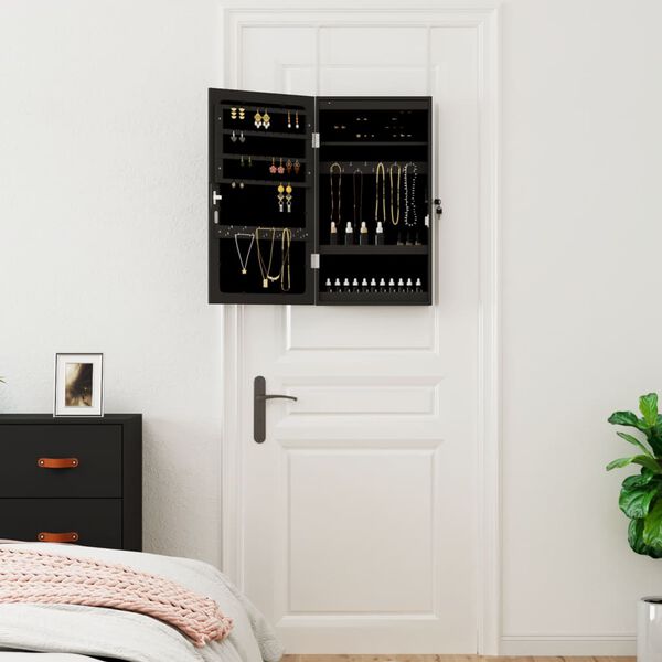 vidaXL Szafka ścienna na biżuterię, z lustrem i LED, czarna