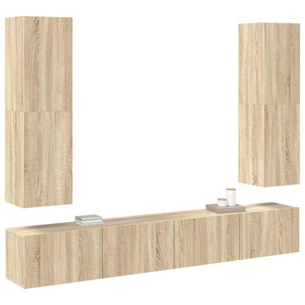 vidaXL 4-cz. zestaw szafek telewizyjnych, dąb sonoma, płyta wi&oacute;rowa