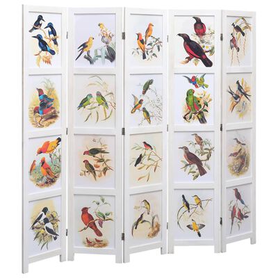 vidaXL Parawan 5-panelowy, biały, 175 x 165 cm, ptaki