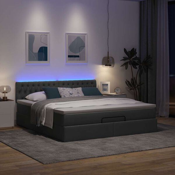 vidaXL Ł&oacute;żko Ottoman z materacem i LED, ciemnoszary, 180x200cm tkanina