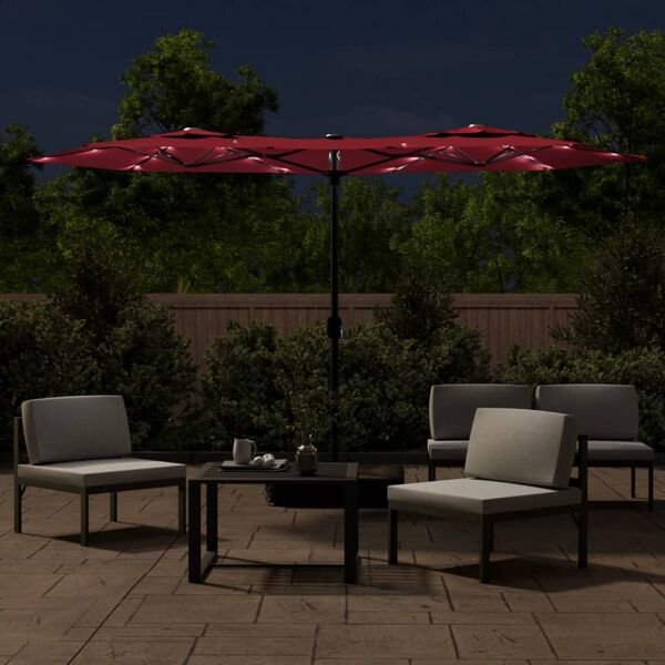 vidaXL Podw&oacute;jny parasol ogrodowy z LED, bordowy, 316x145 cm