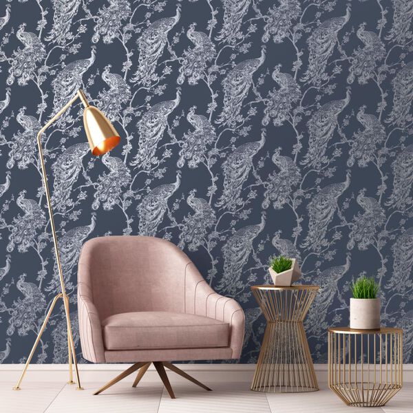 DUTCH WALLCOVERINGS Tapeta w pawie, granatowo-srebrna