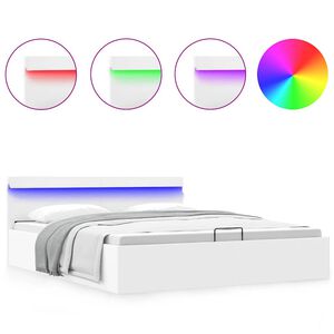 vidaXL Rama ł&oacute;żka z podnośnikiem i LED, biała, ekosk&oacute;ra, 180 x 200 cm