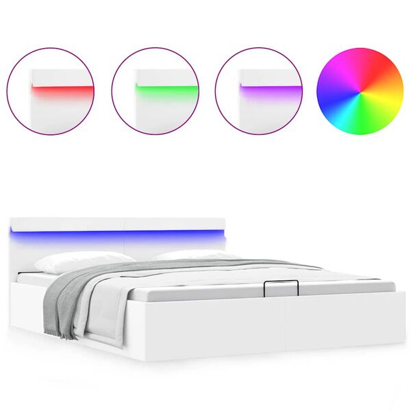 vidaXL Rama ł&oacute;żka z podnośnikiem i LED, biała, ekosk&oacute;ra, 180 x 200 cm