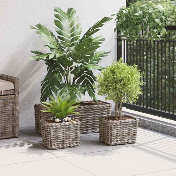 vidaXL Kosz na rośliny z przechowywaniem 3 pcs Szary Rattan Kubu