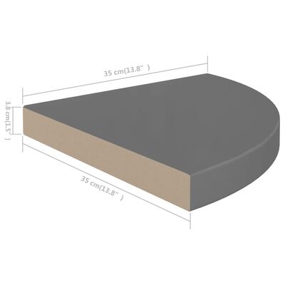 vidaXL Narożna półka ścienna, wysoki połysk, szara, 35x35x3,8 cm, MDF