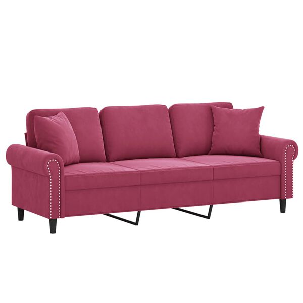 vidaXL 3-osobowa sofa z poduszkami, winna czerwień, 180 cm, aksamit
