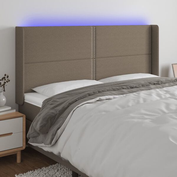 vidaXL Zagł&oacute;wek do ł&oacute;żka z LED, taupe, 163x16x118/128 cm, tkanina