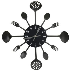 vidaXL Zegar ścienny z łyżek i widelc&oacute;w, czarny, 40 cm, aluminium