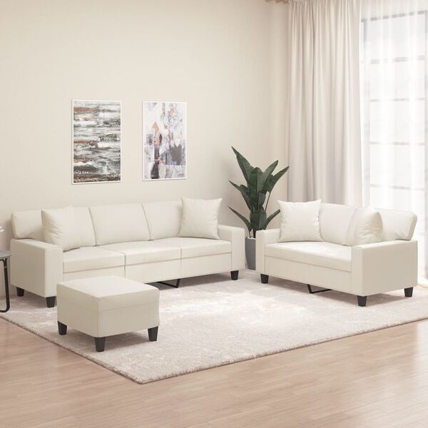 vidaXL 3-cz. zestaw wypoczynkowy, poduszki, kremowy, sztuczna sk&oacute;ra