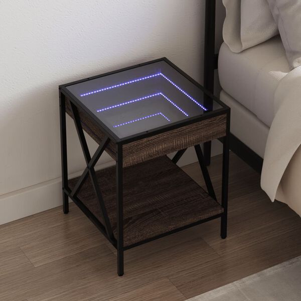 vidaXL Stolik nocny z LED Infinity, brązowy dąb, 40x40x49 cm