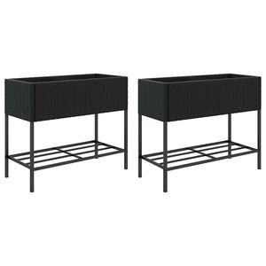 vidaXL Donice ogrodowe z p&oacute;łką, 2 szt, czarne, 90x40x75 cm, polirattan