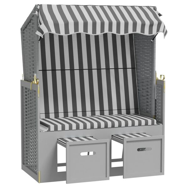 vidaXL Kosz plażowy z zadaszeniem, rattan PE i drewno, szaro-biały