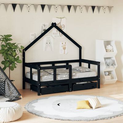 vidaXL Rama łóżka dziecięcego z szufladami, czarna, 70x140 cm, sosnowa