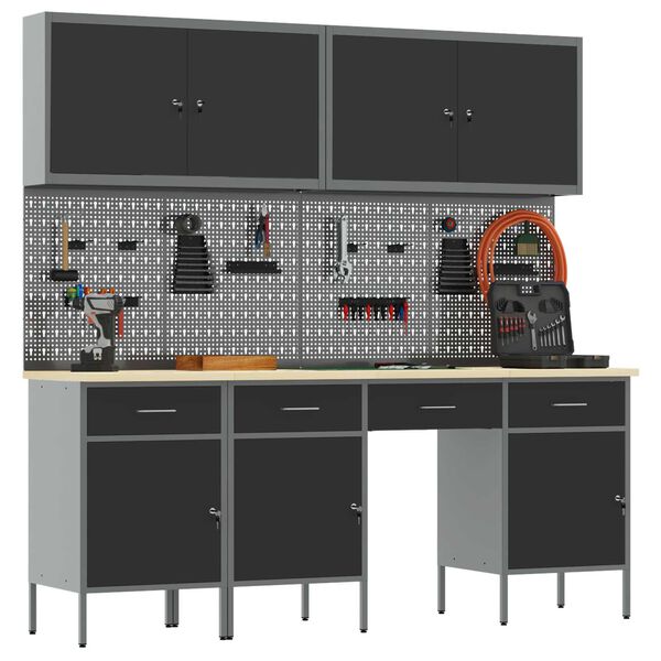 vidaXL St&oacute;ł warsztatowy Z blokadą 10 pcs Czarny 200 x 55 x 200 cm Stal