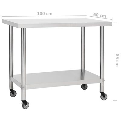 vidaXL Kuchenny stół roboczy na kółkach, 100x60x85 cm, stal nierdzewna