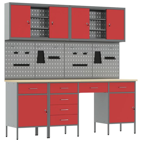 vidaXL Szafka robocza 10 pcs Czerwony Drewno inżynieryjne i stal
