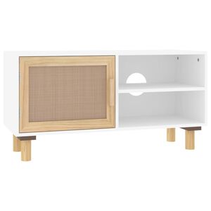 vidaXL Stolik pod TV, biały, 80x30x40 cm, drewno sosnowe i rattan