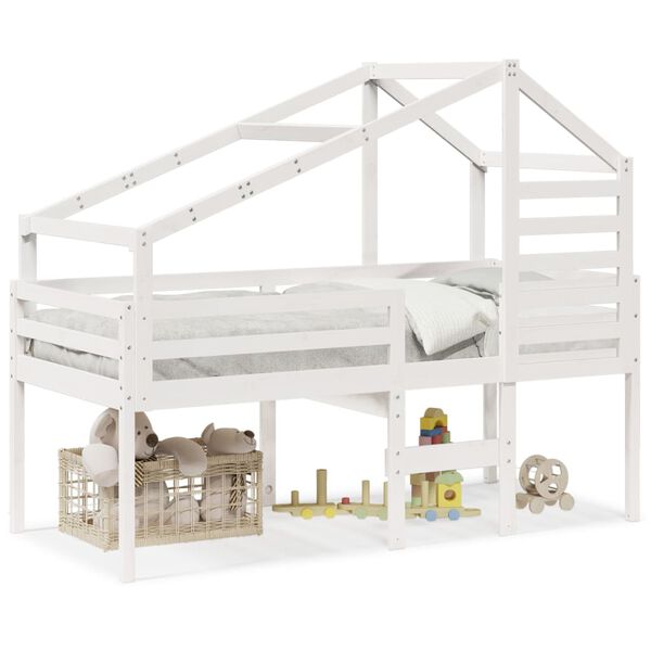 vidaXL Wysokie ł&oacute;żko z dachem, białe, 90x200 cm, lite drewno sosnowe