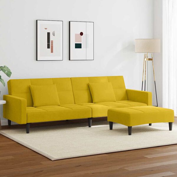 vidaXL 2-os. kanapa rozkładana, z podn&oacute;żkiem, ż&oacute;łta, aksamit