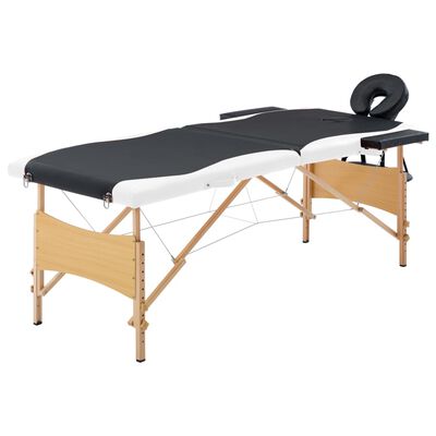 vidaXL Składany stół do masażu, 2-strefowy, drewniany, czarno-biały