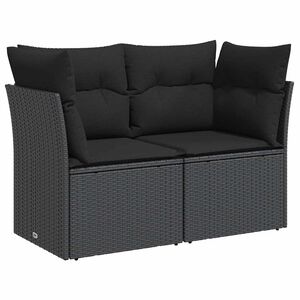 vidaXL Sofa ogrodowa z poduszkami, 2-osobowa, czarna, z polirattanu