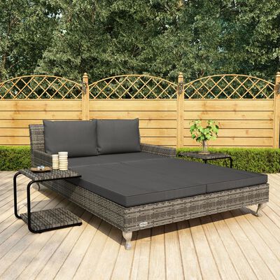 vidaXL 2-osobowe łóżko ogrodowe z poduszkami, rattan PE, szare