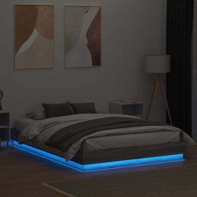 vidaXL Rama łóżka z oświetleniem LED, szary dąb sonoma, 140x200 cm