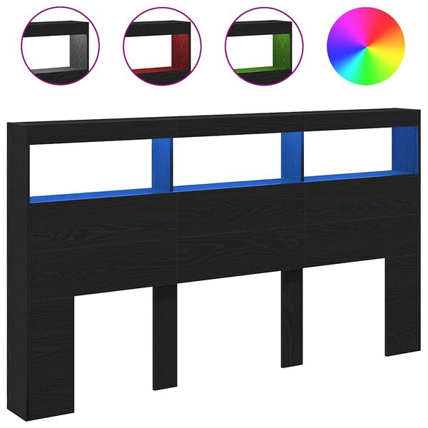 vidaXL Zagłówek z półkami i LED, czarny dąb, 180x17x102 cm