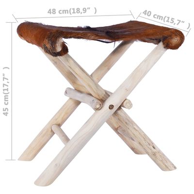 vidaXL Składany stołek, skóra naturalna i lite drewno tekowe