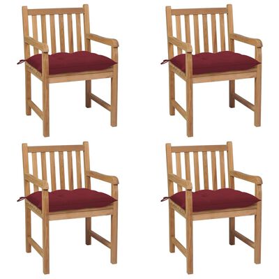 vidaXL Krzesła ogrodowe z bordowymi poduszkami, 4 szt., drewno tekowe