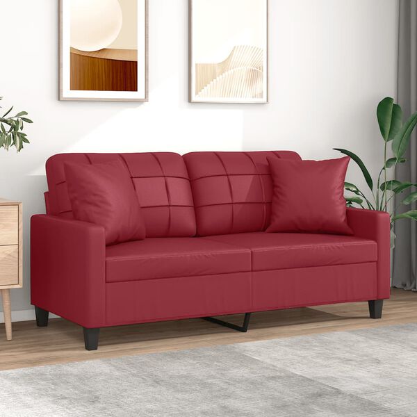 vidaXL 2-os. sofa z poduszkami, winna czerwień, 140 cm, sztuczna sk&oacute;ra