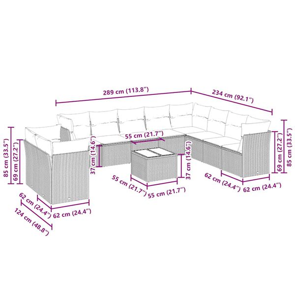 vidaXL 11-cz. zestaw mebli ogrodowych z poduszkami, szary rattan PE