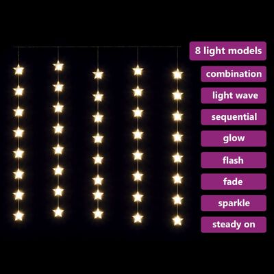 vidaXL Zasłona świetlnych gwiazdek 200 diod LED ciepła biel, 8 funkcji