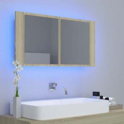 vidaXL Szafka łazienkowa z lustrem i LED, dąb sonoma, 90x12x45, akryl