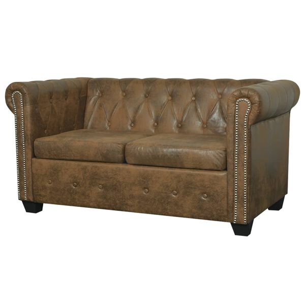 vidaXL Sofa Chesterfield 2-osobowa, brązowa, sztuczna sk&oacute;ra