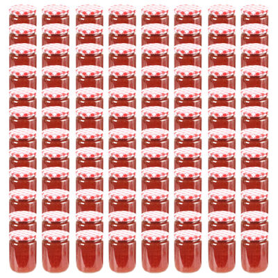 vidaXL Szklane słoiki na dżem, biało-czerwone pokrywki, 96 szt, 230 ml