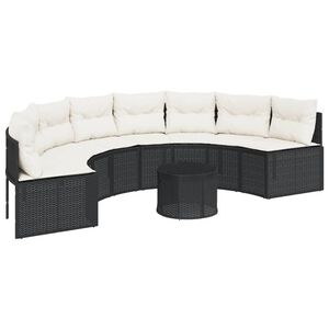 vidaXL Sofa ogrodowa, stolik i poduszki, p&oacute;łokrągła, czarny rattan PE