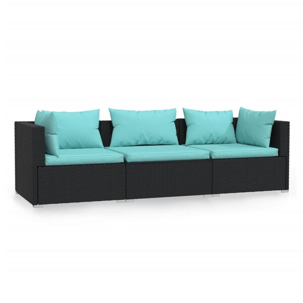 vidaXL 3-osobowa sofa ogrodowa z poduszkami, czarna, polirattan