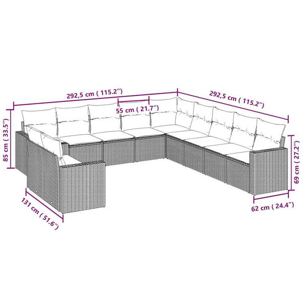 vidaXL 11-cz. zestaw mebli ogrodowych z poduszkami, szary rattan PE